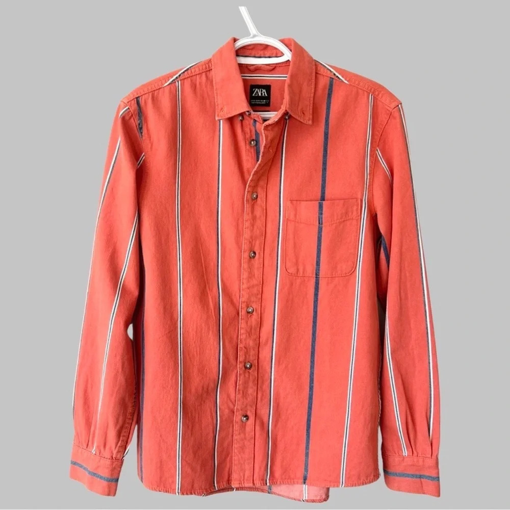 Mens Zara Denim Orange Stripe Button Down Shirt